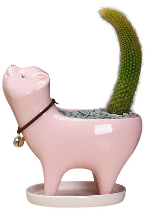 Yizzwtc Macetas de Cerámica, Maceteros Decorativos Interior Pequeños, Maceta en Forma de Gato Bonita Maceta para Suculentas para Casa, Suculentas, Flores, Cactus, Decoración de Hogar (Rosa)