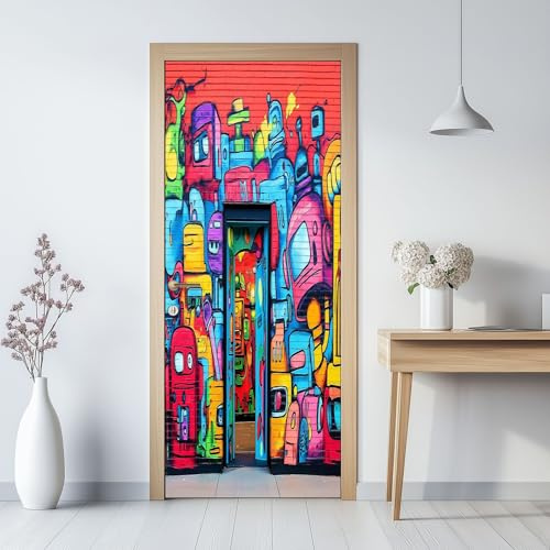 Adesivo colorato per porte interne, street art, graffiti, impermeabile, autoadesivo, in PVC, per camera da letto, soggiorno, 85 x 200 cm (larghezza x altezza)