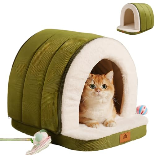 ERNAN Cama para Gatos y Perros Pequeños,Cama de Felpa Plegable 2 en 1 para Mascotas,Cueva para Mascotas Plegable con Fondo Antideslizante (Green, M)