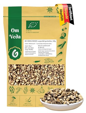 BIO Süßholzwurzel geschnitten | Liquiritiae radix nat. conc. bio | Ungeschält & getrocknet für Tee, Süßungsmischungen & Naturanwendungen | DE-ÖKO-039 zertifiziert | von OmVeda (500g)