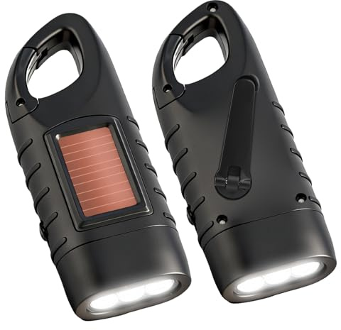 LEVMEK Lot de 2 Lampes de Poche Solaire à Manivelle, Torche LED Rechargeable Étanche avec Panneau Solaire, Lampe d'Urgence à Manivelle, Lampe de Camping Pratique pour Activités en Plein Air