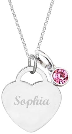 Personalised Heart Name Necklace with Birthstone in Sterling Silver | Adjustable Chain | Heart Pendant | Custom Engraved Gift for Her | Birthday, Anniversary