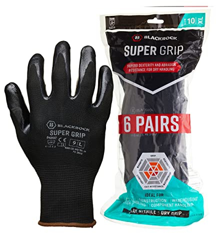 Blackrock Pack of 6 Super Grip Work Gloves, Black Nitrile, Men and Women | Roofing, Warehouse, Thin, DIY, Gardening, Outdoor, Safety Work Gloves - Size 10/XL