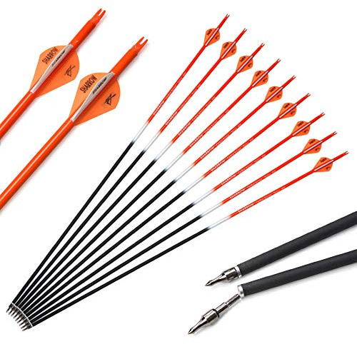 SHARROW 12 Stück Carbonpfeile 30 Zoll Bogenpfeile Pfeile für Bogen Spine 500 für Recurvebogen und Compoundbogen (Orange)