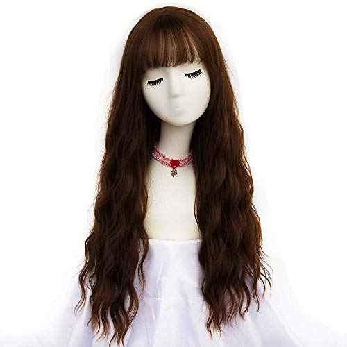 Mildiso Perücke Braun Damen Lang Locken Perücken mit Pony und Perückennetz für Frauen Mädchen Super Natürlich Volle Synthetik Kunsthaar Wig Kinder 001K