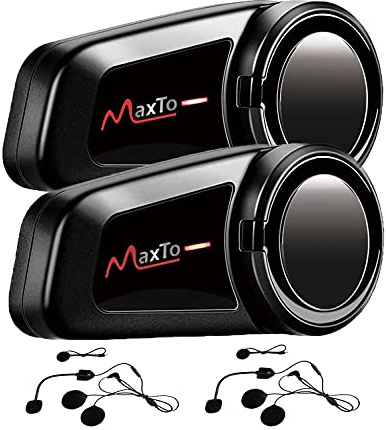 Maxto Motorcycle Bluetooth Headset, M2 Motorcycle Helmet Communication System 6 Way BT5.0 Waterproof Intercom 1000m Range with FM Radio Siri Ski Voice Dial for ATV/Full/Half View (M2 2 Pack)