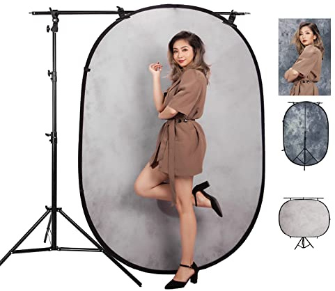 Video Background Kit, Multi-Color Double Sided Studio Background with Light Stand Boom Arm for Live Streaming Parties Video Vlog, Light Grey/Dark Grey