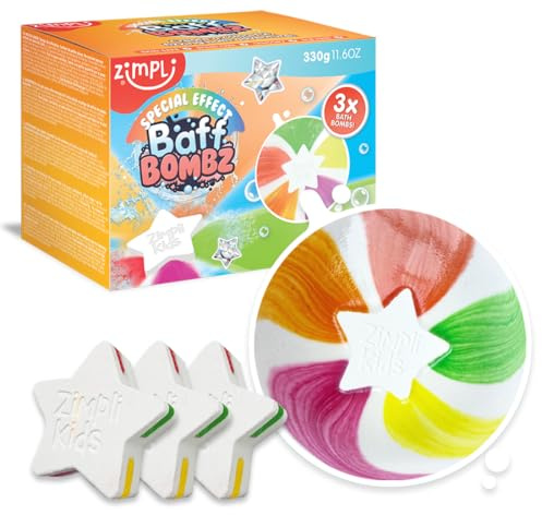 ZIMPLI - Lot de 3 Grandes Bombes de Bain Étoile Baff Bombz, Crée Un Effet Arc-en-Ciel et Une Aventure pétillante à l’Heure du Bain, Petits Cadeaux de Noël pour Enfants