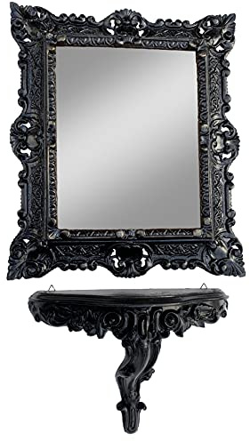 artissimo Wandspiegel mit Ablage Schwarz Barock Antik 45x37 Flurspiegel Deko Badezimmerspiegel mit Konsole Wanddeko Rokokostil Prunkspiegel Schwarzespiegel mit Konsole Gothik 3047+3084