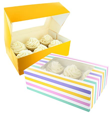 Baked with Love 650214 6/12 Cupcake Box, Twin Pack, Bold Stripes & Yellow Windowed to Carry Tasty Treats, Includes Dual Insert for 6 Standard Cupcakes or 12 Mini Cupcakes, Pack of 2 Boxes | 24.0 x 16.5 x 7.5cm, Dual Insert For 6 Standard Or 12 Mini Cupcakes, Sturdy Food-Safe Card