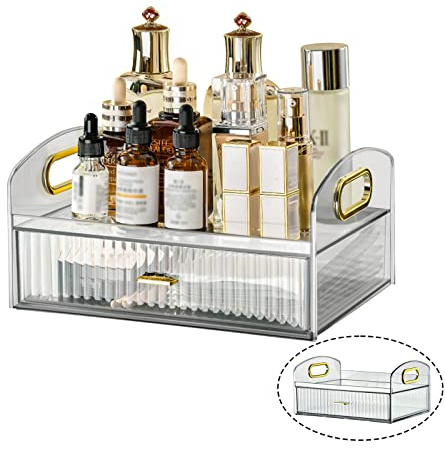 DASITON Make up Organizer mit Schubladen,Große Kapazität Skincare Organizer,Retro Badezimmer Dresser Schlafzimmer Kosmetik Organizer,Acryl Kosmetik Aufbewahrung für Schminke und Schmuck(Transparent)