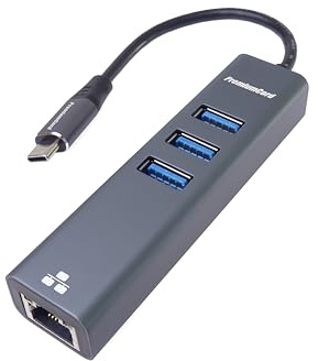 PREMIUMCORD Adaptateur USB-C vers Gigabit RJ45 + 3x USB-A, Ethernet RJ45 10/100/1000Mbps, SuperSpeed 3.2 Gen1 5 Gbit/s, Pour PC, Ordinateurs Portables, Claviers, Souris, SSD, Boîtier Métallique, 15 cm