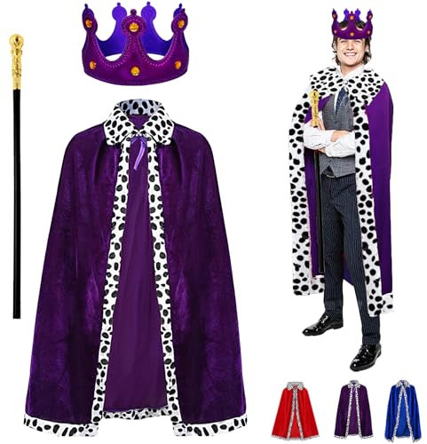YOUYIKE 3 Costumes de Roi pour Adulte, Manteau Royal Violet, Couronne Roi Reine, Sceptre, Déguisement Prince, Costume Médiéval Adulte, Pour cosplay, Soirée à thème, Halloween, pour femmes et hommes