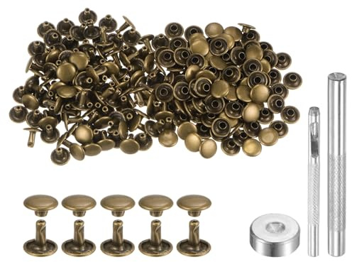 sourcing map Set di 100 rivetti per pelle, 8 x 9 mm, in metallo, a doppio tappo, bottoni a pressione con 3 strumenti di regolazione, rivetti per artigianato in pelle, decorazione fai da te,