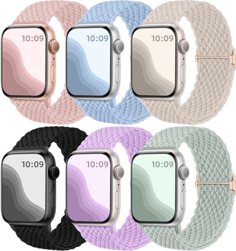 Maledan 6-pack flätat klockarmband som är kompatibelt med Apple Watch-remmar 44 mm, 45 mm, 42 mm, 46 mm, 49 mm, för kvinnor, män, justerbar nylon, stretchigt, elastiskt sportband för iWatch SE, Series