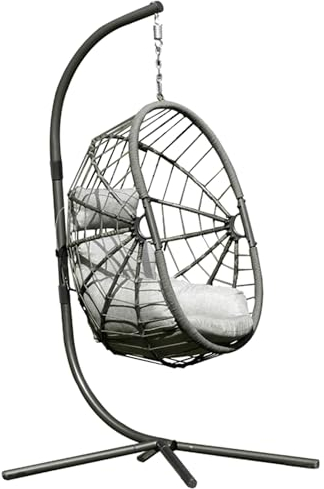 Hängekorb Hängesessel mit Gestell Polyrattan mit Kissen - Faltbarer Hängesessel mit Ständer - Schwarzer Rahmen - Graue Kissen - Egg Chair - Für Außen und Innen, Belastbar bis 125kg