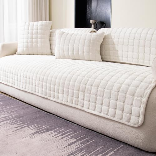 MDSASFD Velvet Couch Cover, Washable Sectional Sofa Cover, Anti Slip Sofa Slipcovers for 3 Cushion Couch Sofa L Shaped Recliner, Furniture Protector Covers for Pets Kids(White, Only 1 PCS)