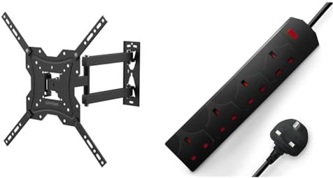 GRIFEMA GB1004 Swivel TV Wall Bracket, for 26-55 inch Screens, for Flat & Curved TV up to 30KG & DESIRETECH Black Electric Extension Lead - 4 Gang, 2 Metre Cable with UK Plug & 3 Pin Socket