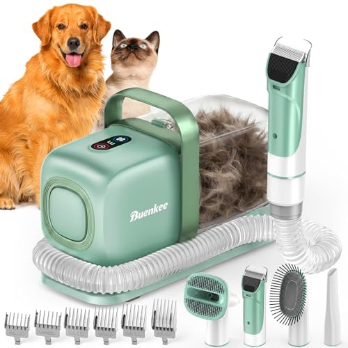 buenkee Dog Grooming Kit with Vacuum, All-in-One Pet Grooming Vacuum for Dogs and Cats, Low Noise Pet Hair Clipper & Shedding Brush, Dog Hair Remover, Cat Pet Groomer Set with Cleaning Brushes, Green