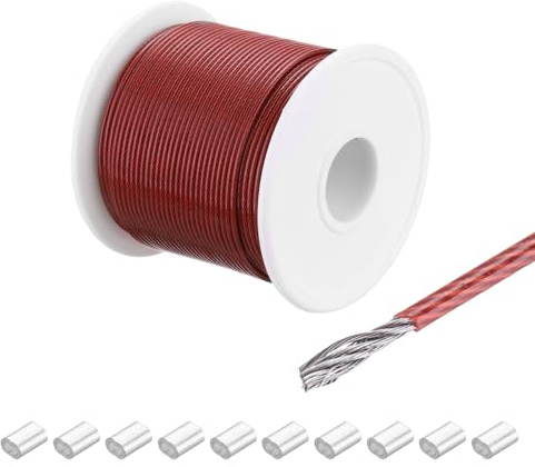 QUARKZMAN Drahtseil Edelstahl 60M x 1,5 mm Stahlseil PVC ummantelt mit 10 Aluminiumhülsen Sicherungsdraht Aufhängedraht Drahtkabel Wäscheleine für Bilder Outdoor Zaun Gardinen, Rot