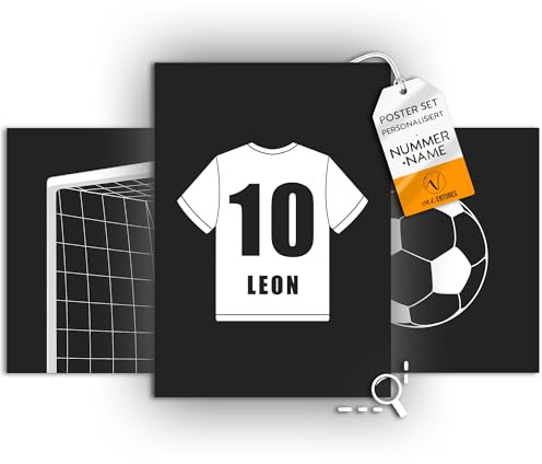 Vacentures Kinderzimmer Fußball Poster Personalisiert I Fussball Bilder Spielfeld für Jungen und Mädchen I 3x Poster DIN A4 - Set (Schwarz/Weiss, Tor)