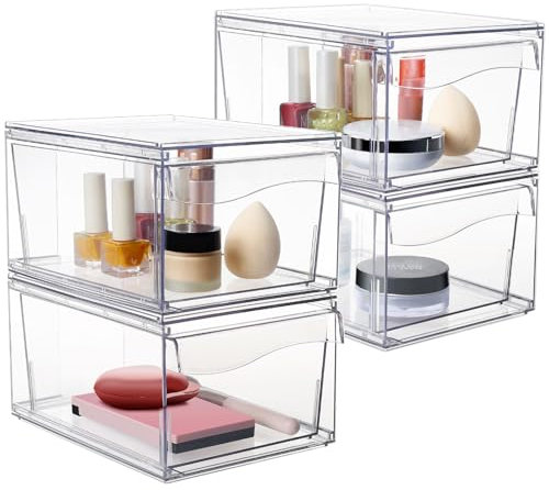 Greentainer Stapelbare Acryl-Make-up-Organizer Schubladen, Kosmetik-Organizer für Waschtisch, Badezimmer, Schlafzimmer, 4 Stück Clear Unter Waschbecken