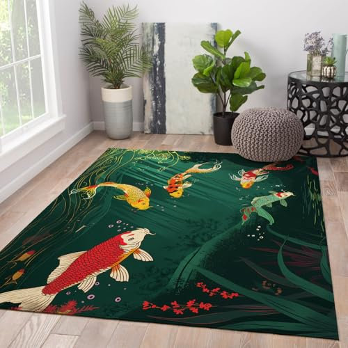 BYLEEHOMED Koi-Fisch-Teppich Dunkelgrüner Teichfisch Rustikales Design Teppich Japanisch Rutschfester Waschbarer Teppich für Küche Eingangsbereich Bauernhausdeko 120x240cm