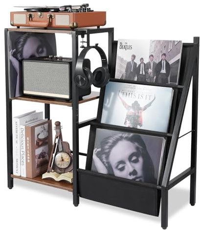 Venhvorer Plattenständer mit Aufbewahrung Schallplattenständer mit 3-stufiger Vinyl Schallplatten Lagerung Schallplatten Aufbewahrung bis zu 200 Alben, Plattenregal für Musikzimmer und Wohnzimmer