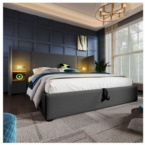 Polsterbett Doppelbett 180×200cm mit Nachttisch, Leselampe und USB Type-C Ladefunktion, Bettanlage Stauraumbett Bettgestell mit Lattenrost aus Massivholz und Metall,Grau,Leinen(Ohne Matratze)