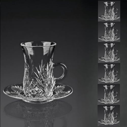 Juego de 6 vasos de cristal turco, vasos transparentes con asa, cristalería vintage, vasos y bandeja para café y té, decoración de cocina