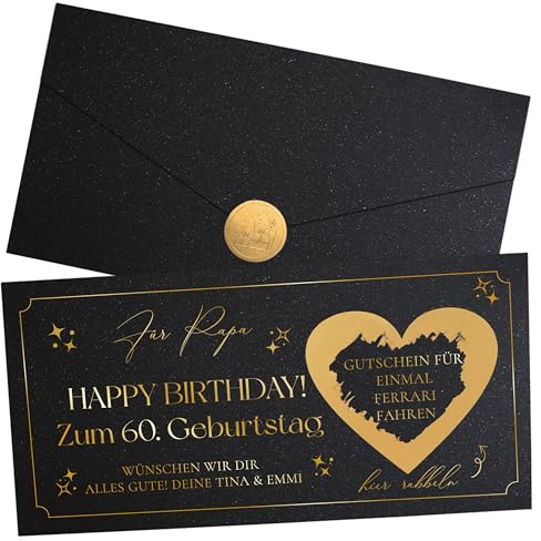 Joli Coon Personalisierter Gutschein Geburtstag, Karte zum Rubbeln Schwarz | Glitzerpapier, Folienveredelung in Wunschfarbe, passendes Kuvert, Siegelsticker, für Gutscheine und gemeinsame Erlebnisse