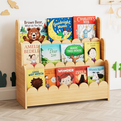 SpaceAid 3-Tier Scalloped Bookshelf, Montessori Bookcase for Toddlers, Wooden Book Shelf Organizer Display Furniture for Kids Rooms, Playroom, Nursery and Classroom, Natural