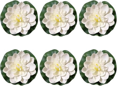 Lily Pad for Ponds, 6 Pcs White Artificial Lotus, Realistic Water Floating Foam Lotuses Fake Lily Pad for Home Garden Patio Pond, Floating Water Plants for Fish Pond, Lotus Flower Floating Pool Decor