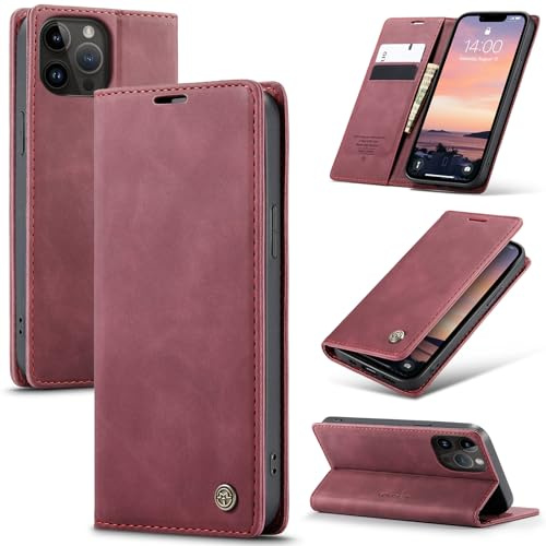Azororo Handyhülle für iPhone 13 Pro 5G Hülle Premium Lederhülle Flip Case Magnet Tascher Kartenfach Standfunktion Klapphülle Schutzhülle für iPhone 13 Pro, Weinrot