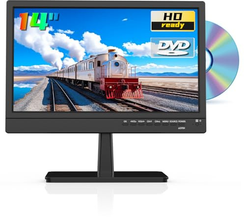 ZOSHING 14-inch HD TV,12 volt tv with dvd player,Built in Digital T2 Tuner Freeview channels,HDMI and USB port,12v tv car cable/AC powered for RV-Camper,Bedroom