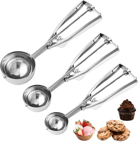 Cookie Scoop,Set of 3 Cookie Dough Scoops for Baking 1 Tbsp,2 Tbsp,3 Tbsp,Stainless Steel Ice Cream Scooper with Trigger Release for Cupcake,Ice Cream,Muffin,Meatball,Melonball