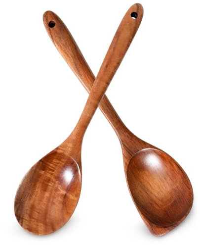 KWJEIULSOQ 2Pcs Wooden Spoons for Cooking,12.8 Inch Long Handle Natural Teak Wood Corner Spoon & Round Spoon,Good Grip,Heat Resistant Wooden Kitchen Utensils for Nonstick Cookware