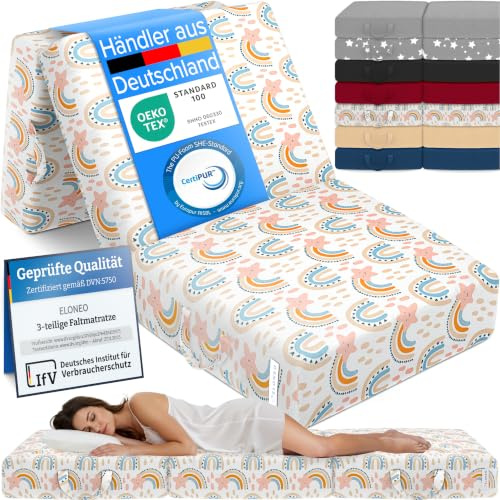 ELONEO Colchón Plegable, colchón para Invitados, colchón Plegable de 3 Piezas, Espuma Extra Gruesa (15 cm), Lavable, Plegable, Adultos (arcoíris, 90 x 200 x 15 cm)