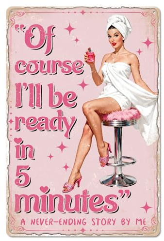 GLOBLELAND Pink Dressing up Woman Metal Tin Sign 12x8 inch Sexy Pin up Lady Tin Signs Decor Funny Perfume Woman Metal Wall Plaque for Bathroom Home Room Farmhouse Cafes Store Bar Kitchen Decor