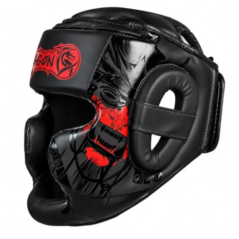 Dragon do 11747-P Yakuza Schwarz Black Kopfschutz für Kickboxen, Kampfsport MMA Training Hochwertiges Kunstleder Kopfschützer für Sparring, Boxen, Muay Thai, Karate und Taekwondo Professioneller