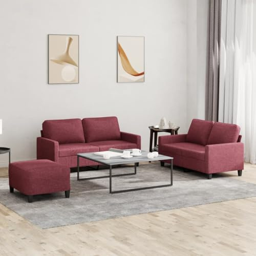 Augerqir 3 teilige Sofagarnitur mit Kissen in Weinrot Stoff Polstergarnitur mit Ottomane und Fußhocker, platzsparend für Wohnzimmer Gästezimmer Jugendzimmer Büro Lounge Entspannung