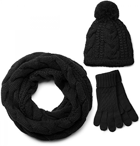 styleBREAKER Schal, Mütze und Handschuh Set, Zopfmuster Strickschal mit Bommelmütze und Handschuhe, Damen 01018208 | 3-Teilig. Schal 185x35cm. Mütze bis 59cm. Handschuhe Umfang 16-21cm. elastisch. winterfest. abgestimmte Kombination.