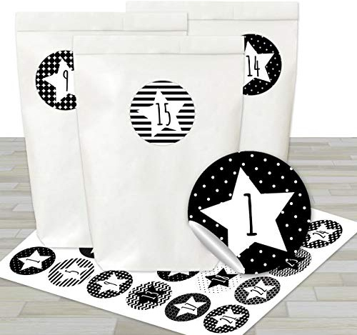 Papierdrachen - DIY Adventskalender Set - 24 weiße Geschenktüten und 24 schwarz-weiße Zahlenaufkleber - zum selber machen und befüllen