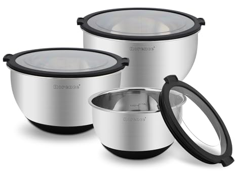 Rorence Edelstahl Rührschüssel Set mit transparenten Deckeln, Stapelbare Salatschüssel für die Küche, Schwarz - 3er-Set mit 1,5L, 3L, 5L