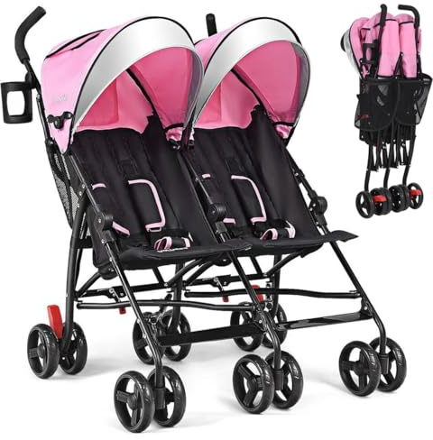 BABY JOY Double Umbrella Stroller, Lightweight Travel Side by Side Twin Stroller with Large Storage, Cup Holder, 5-Point Safety Harness, Adjustable Canopy & Compact Fold for Infant and Toddler (Pink)