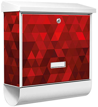 banjado® Burgwächter Briefkasten Weiß 38x39x12cm mit Motiv Dreiecke Rot/Briefkasten mit Zeitungsfach/Briefkasten mit Zeitungsrolle/Postkasten inkl. Montagematerial & 2 Schlüsseln
