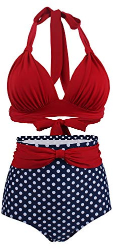 Viloree Femme Retro Taille Haute Maillot de Bain Deux Pièces Ensembles Deux pièces Contrôle du Ventre Halter Bikini Set Rouge et Bleu à Pois Blanc XXL