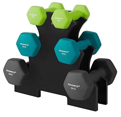 SONGMICS Kurzhantel Set, Hexagon, mit Hantelständer, 2 x 1 kg, 2 x 2 kg, 2 x 3 kg, mattes Finish, Neopren-Beschichtung, Krafttraining, zu Hause, limettengrün, aquamarin und dunkelgrau SYL612G02