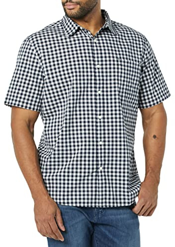 Amazon Essentials Camisa de popelina elástica, manga corta (Disponible en Tallas Grandes) Hombre, Azul Marino Blanco Guinga, 4XL Grande Alto