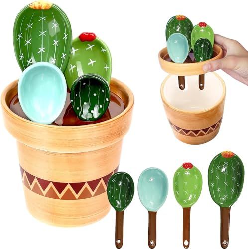 Keramik Cactus Messlöffel Set im Topforganizer, 5 Stück Cup Messbecher Set mit Meßlineal, Cup Messbecher Klein Löffel Set mit Skala,Süße Cactus Measuring Cups Für Trockene Flüssige Zutaten Salz Zucker
